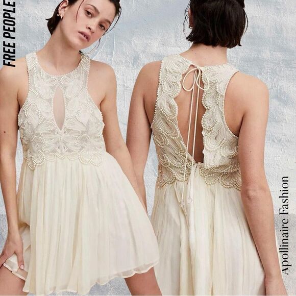 FREE PEOPLE PEARLIE MINI DRESS IN PEARL CREAM COMBO CHIFFON NWT SIZE 14 - Picture 1 of 9